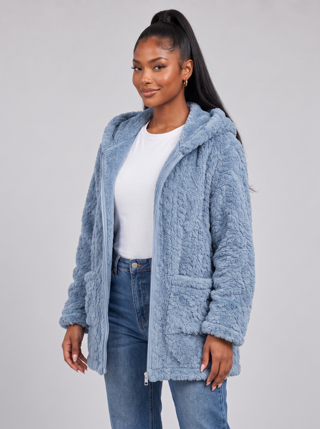 Women's light blue hooded zip-up teddy fleece jacket
