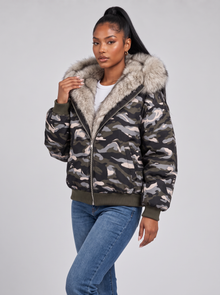 Women's camouflage puffer jacket with faux fur hood