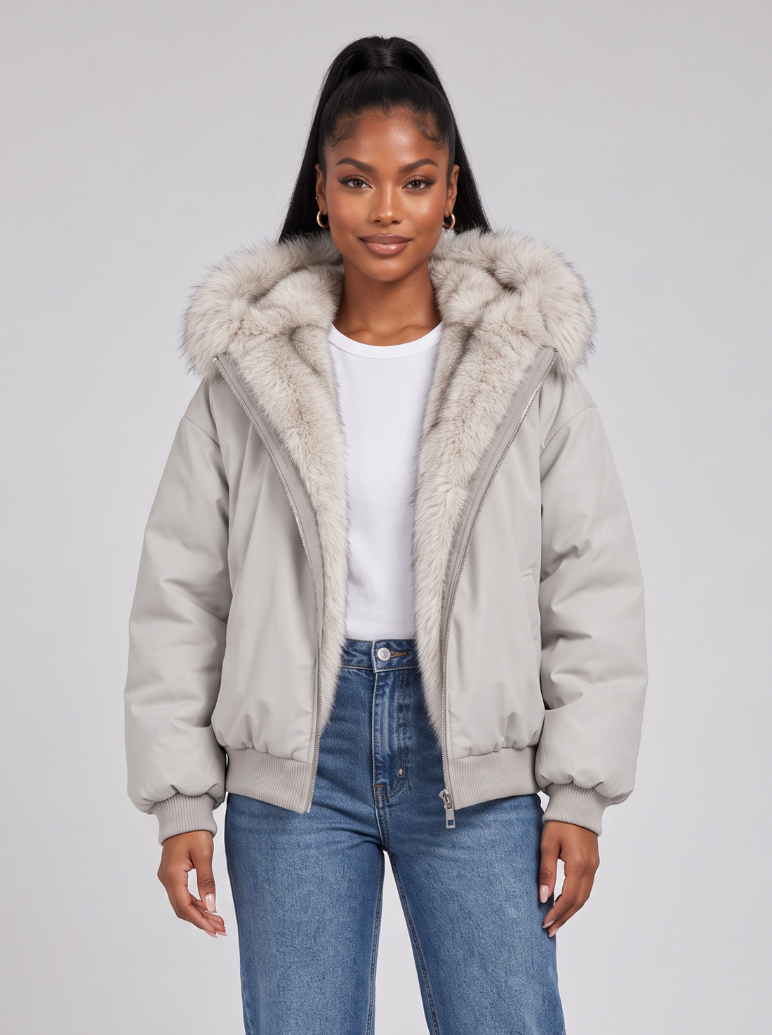 Women's silver grey puffer jacket with faux fur hood