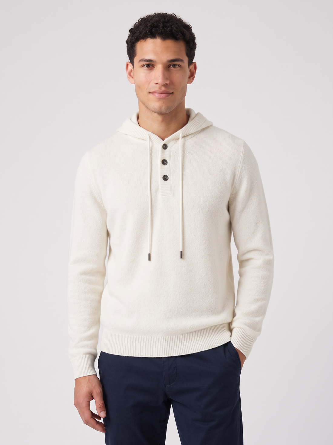 Men's ivory white cashmere button-up hoodie