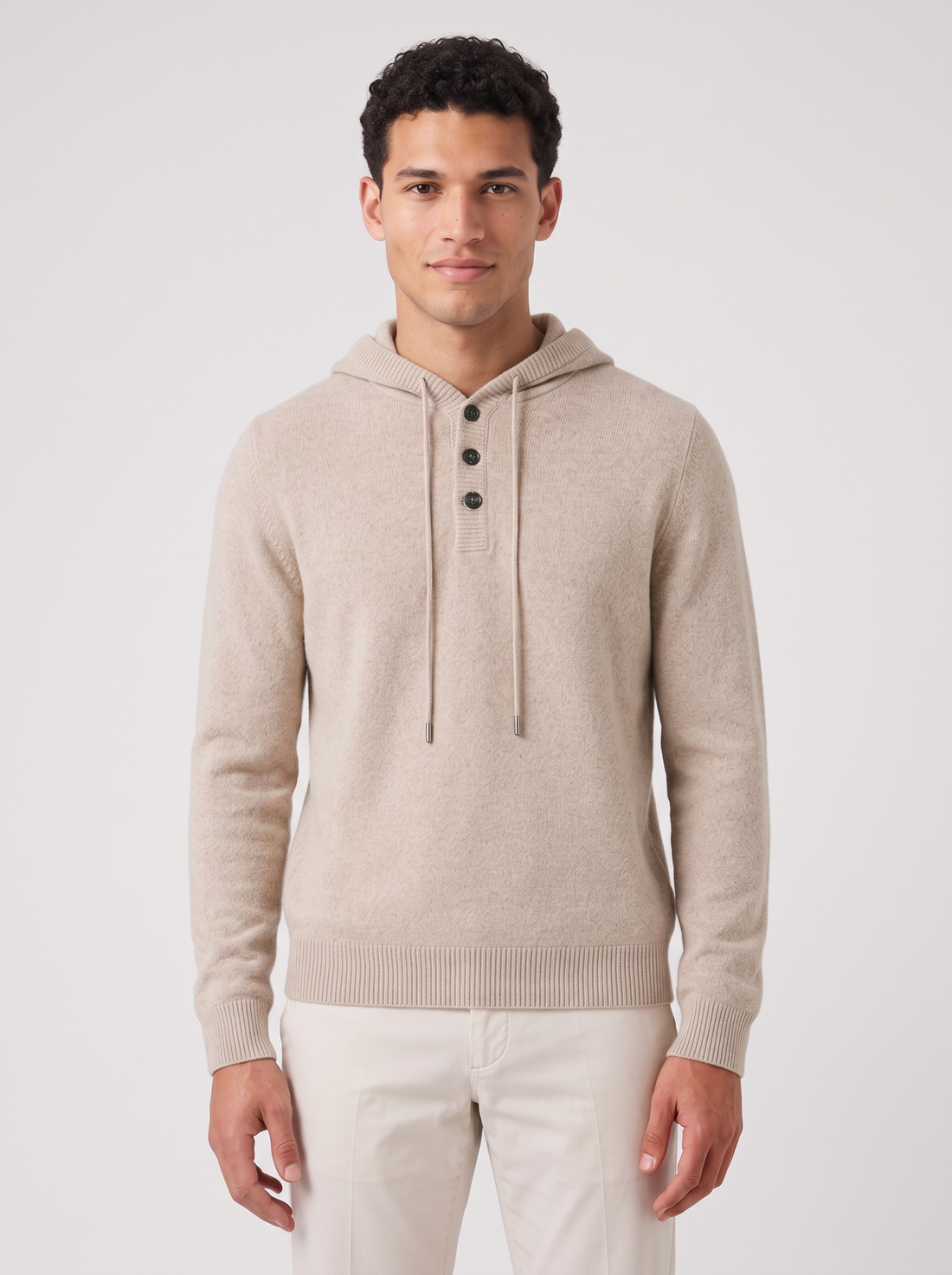 Men's sand beige cashmere button-up hoodie, front view