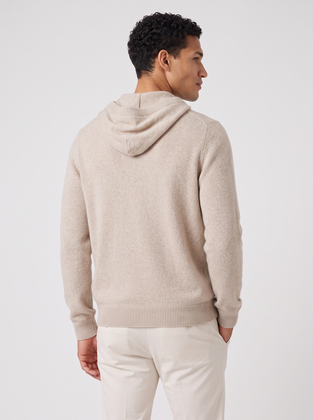 Men's sand beige cashmere button-up hoodie, front view