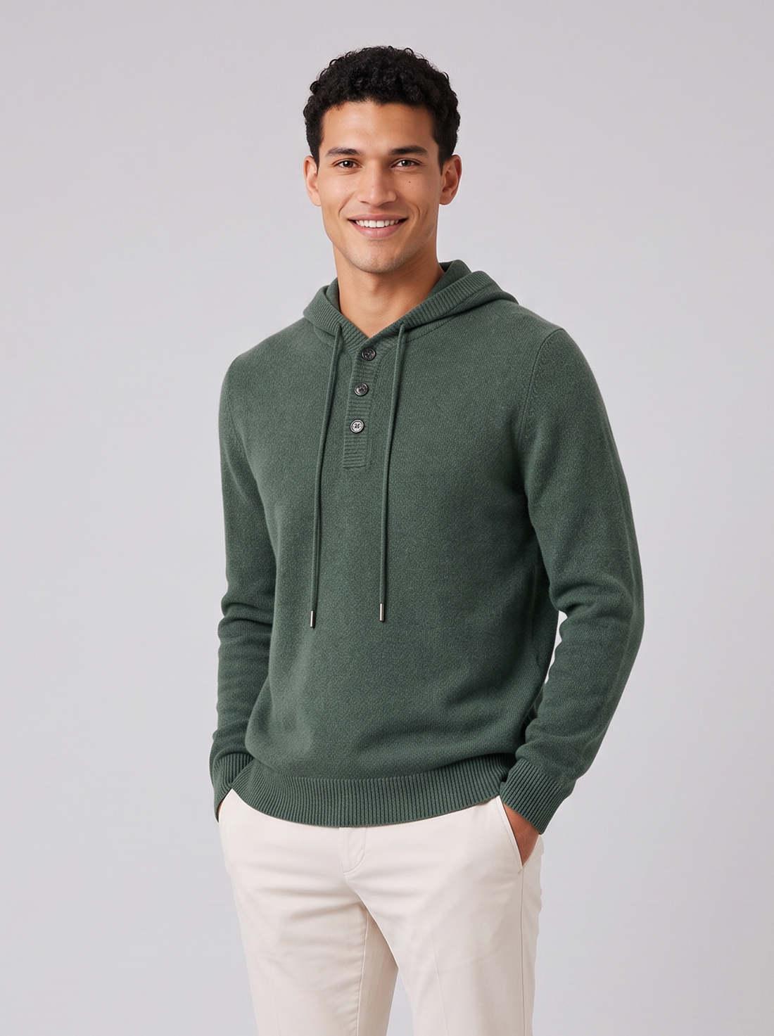 Men's forest green cashmere button-up hoodie