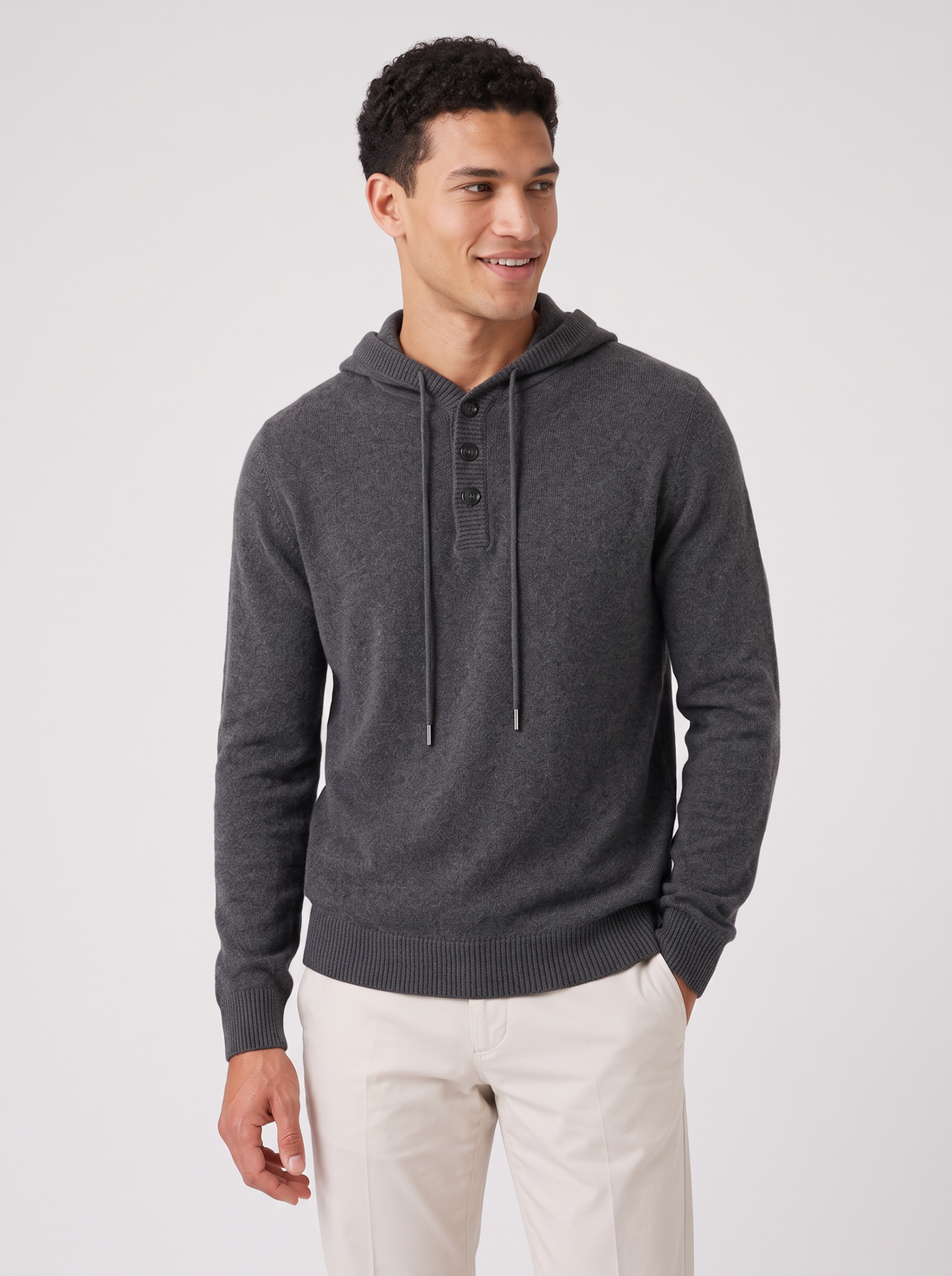 Men's dark grey cashmere button-up hoodie