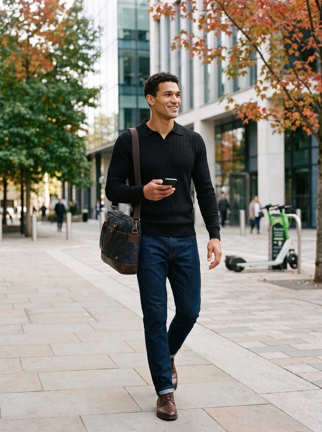 Man wearing black muscle fit knitted polo jumper on a smart city street