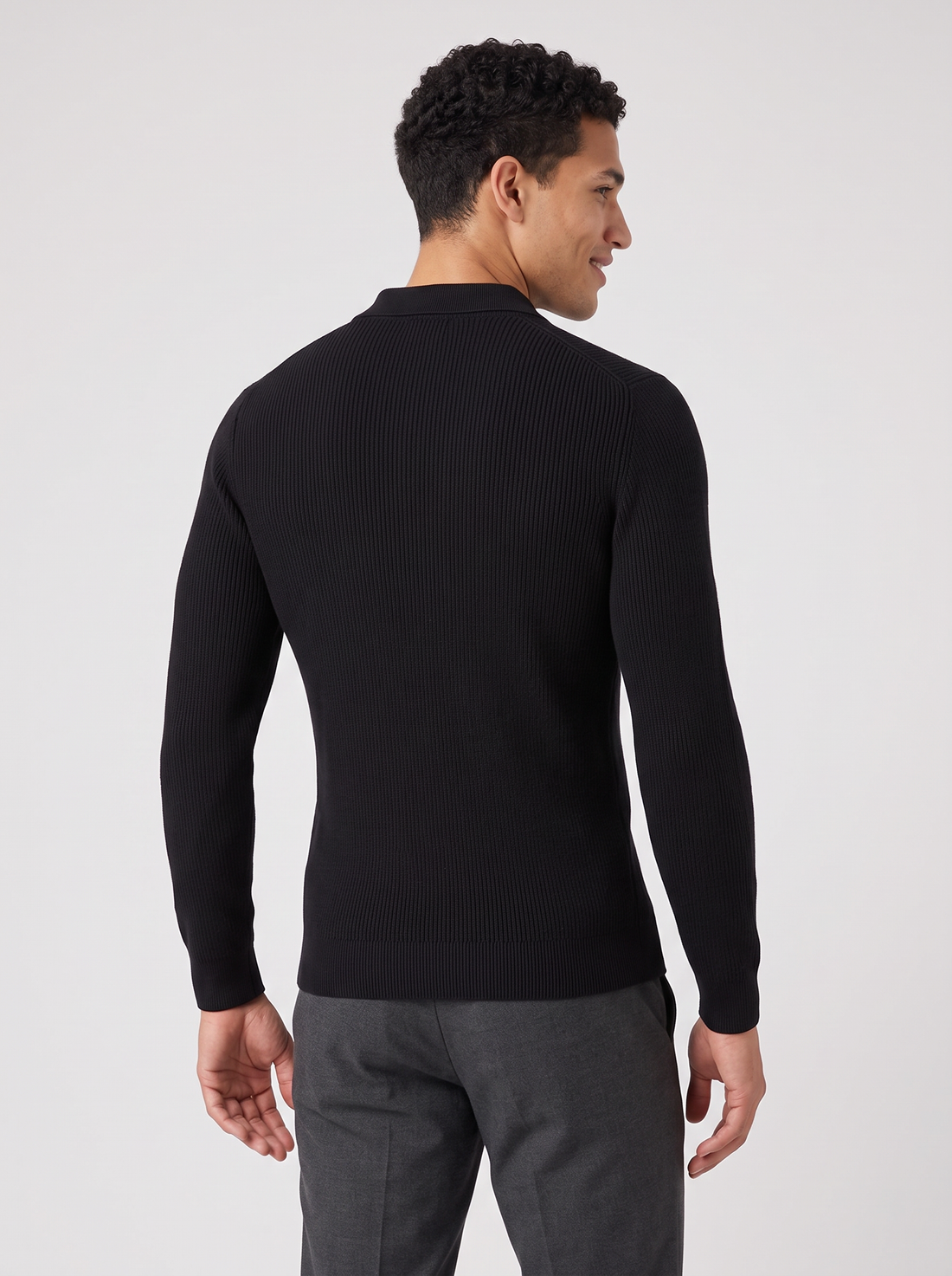 Men's black muscle fit knitted polo jumper, front view