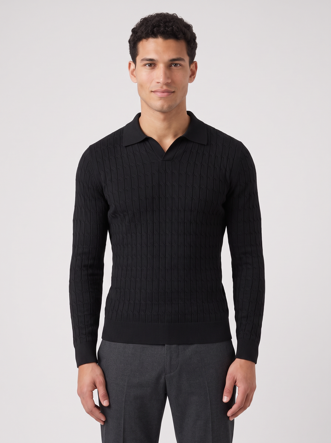 Men's black muscle fit knitted polo jumper, front view