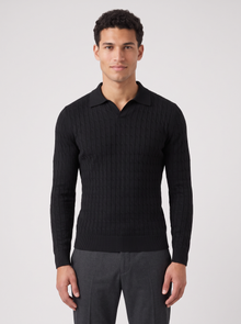 Men's black muscle fit knitted polo jumper, front view