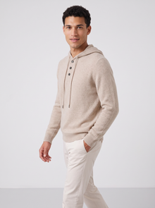 Men's sand beige cashmere hoodie, side view walking