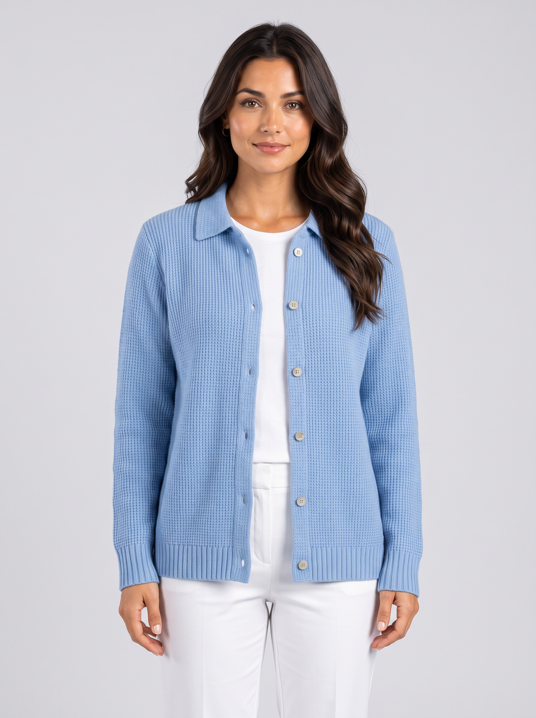 Women's blue ribbed knit button-front cardigan with collar, front view
