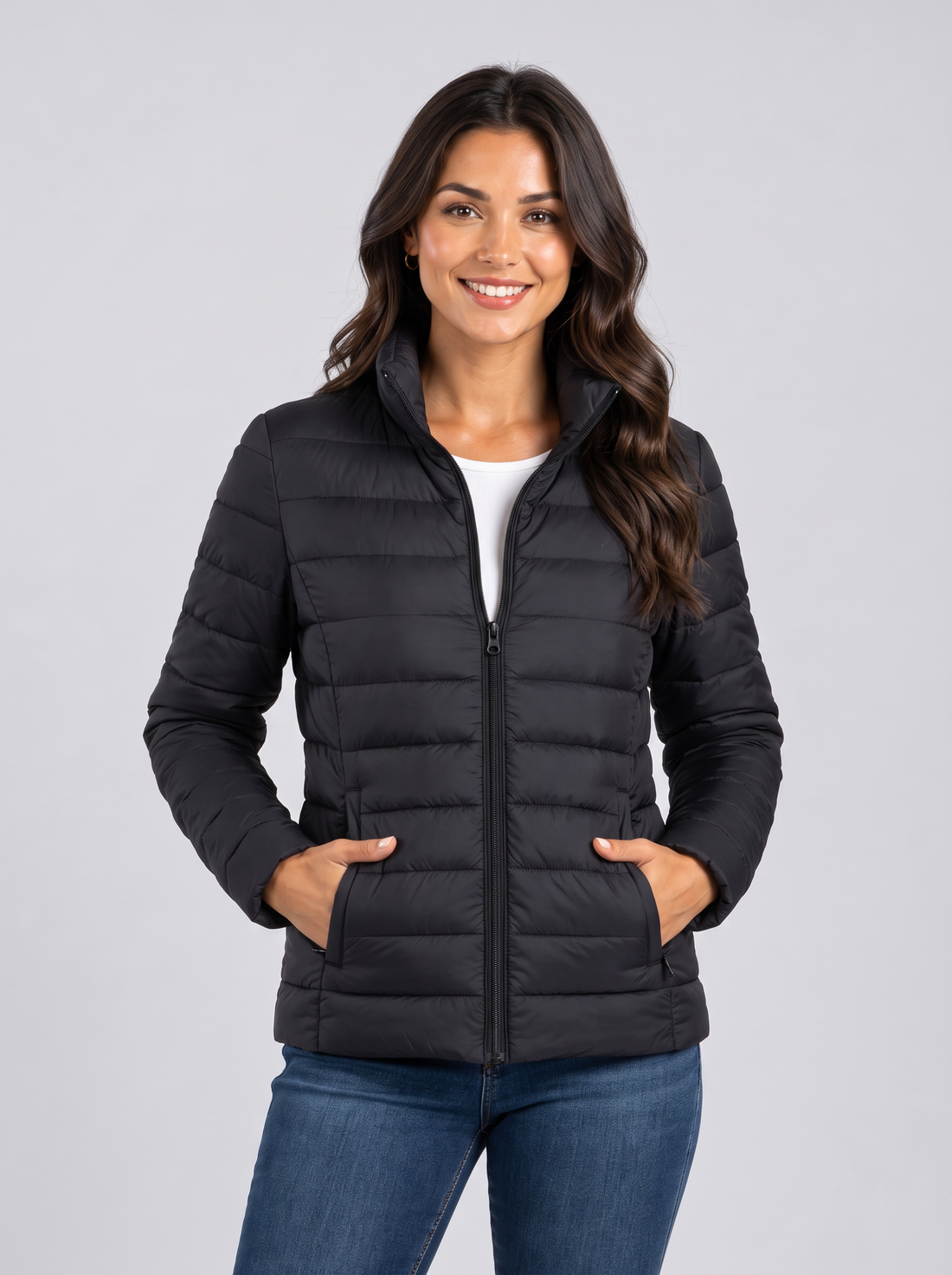 Women's lightweight black puffer jacket with stand collar, front view