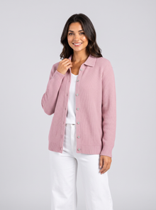 Women's pink ribbed knit button-front cardigan with collar