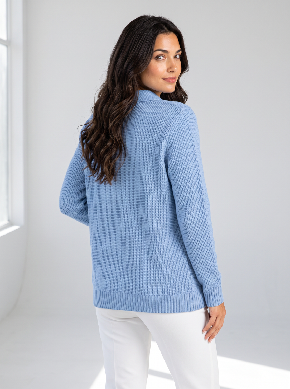 Women's blue ribbed knit button-front cardigan with collar, front view