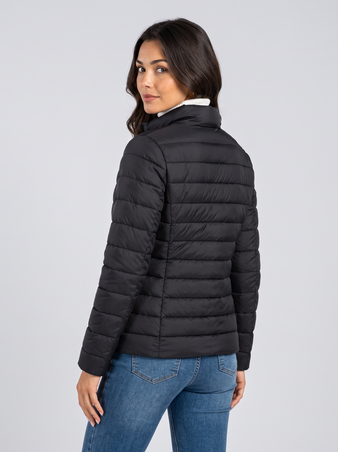 Women's lightweight black puffer jacket with stand collar, front view