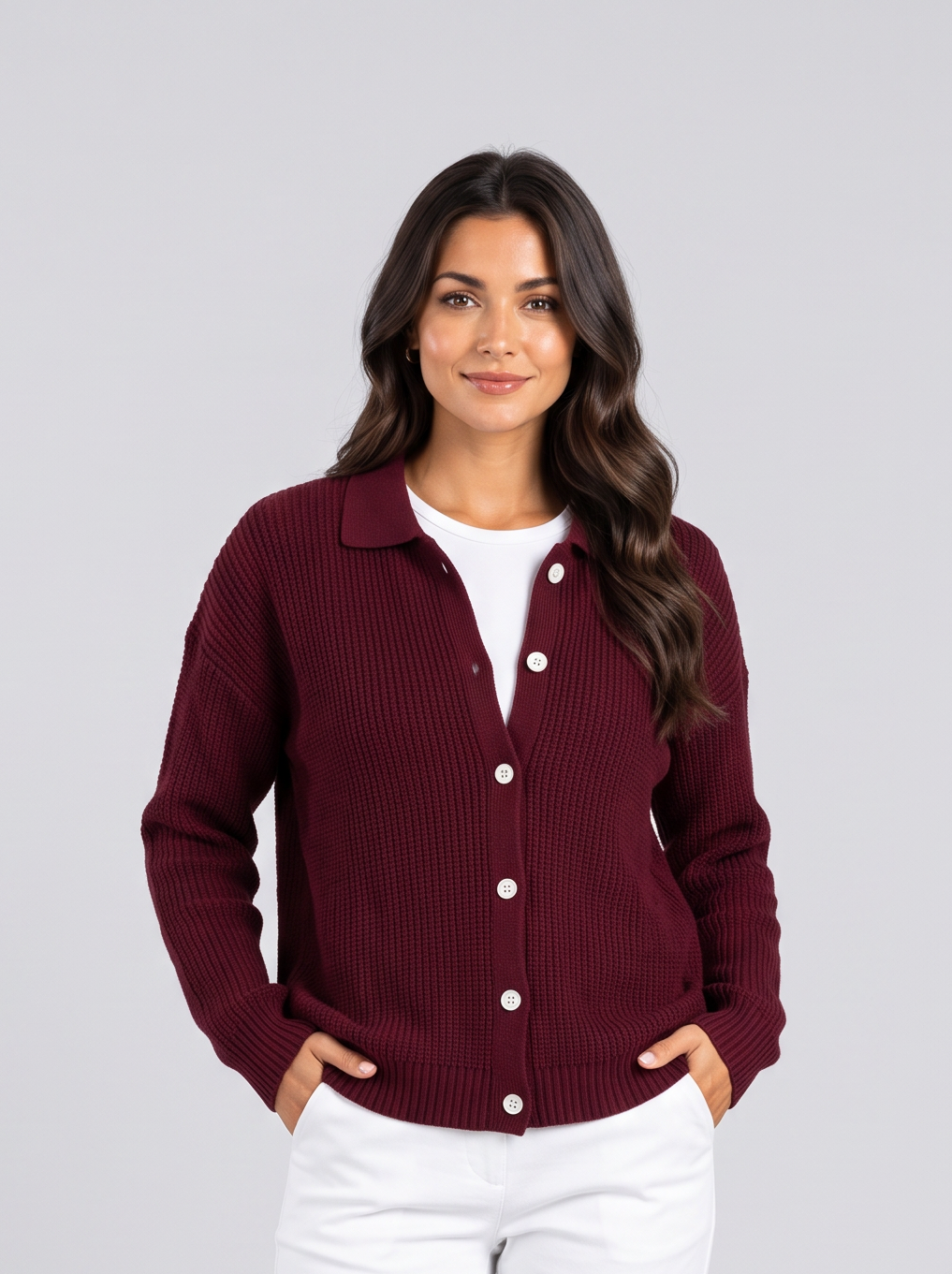 Women's dark red ribbed knit button-front cardigan with collar