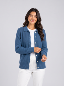 Women's dark blue ribbed knit button-front cardigan with collar
