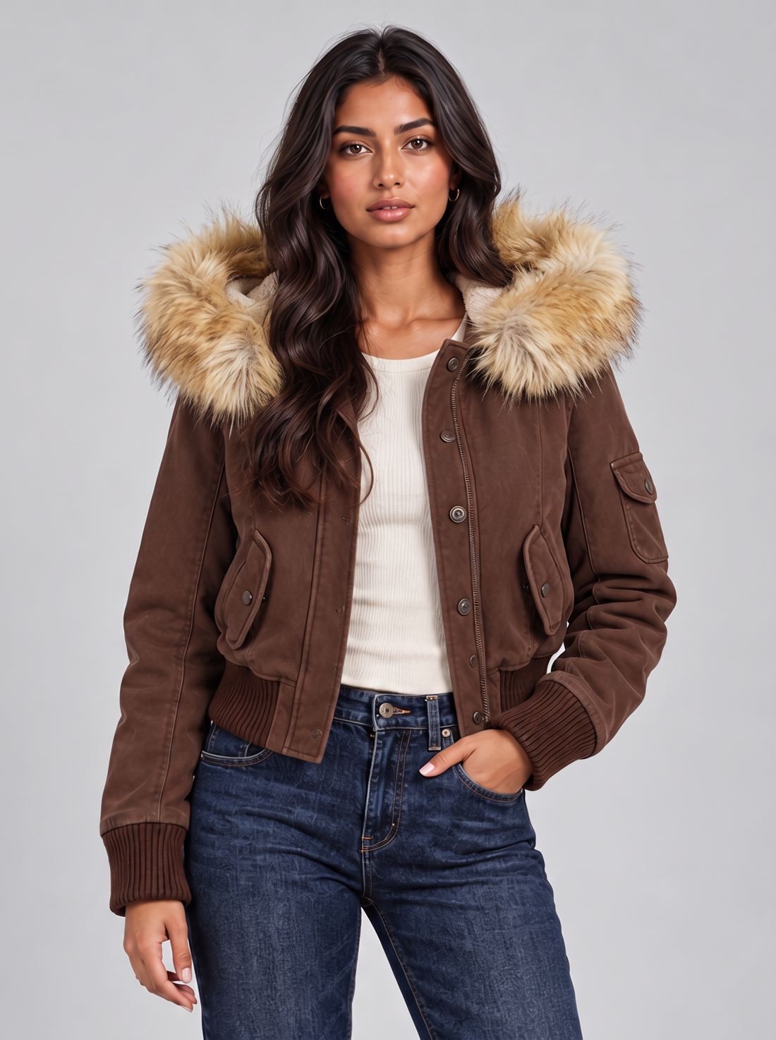 Women's brown cropped bomber jacket with light brown faux fur hood, front view