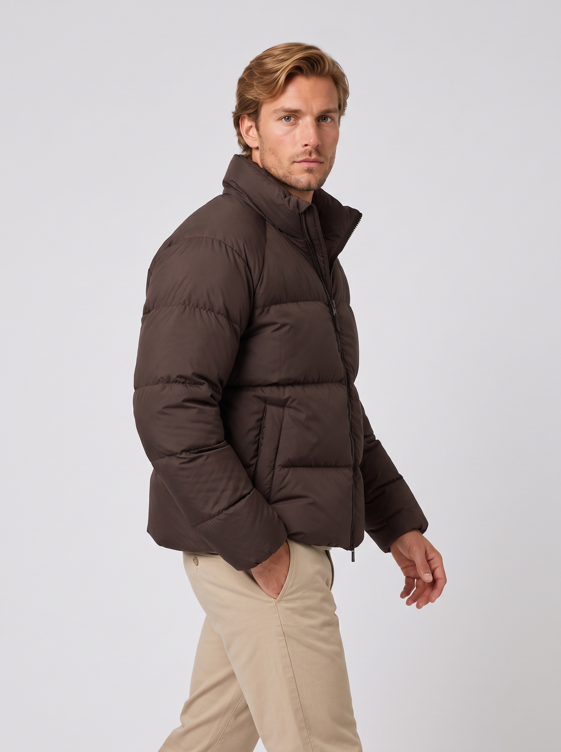Unisex short brown puffer jacket, side view