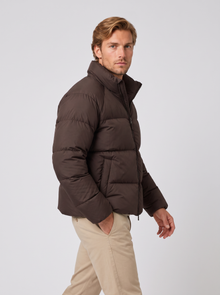 Unisex short brown puffer jacket, side view