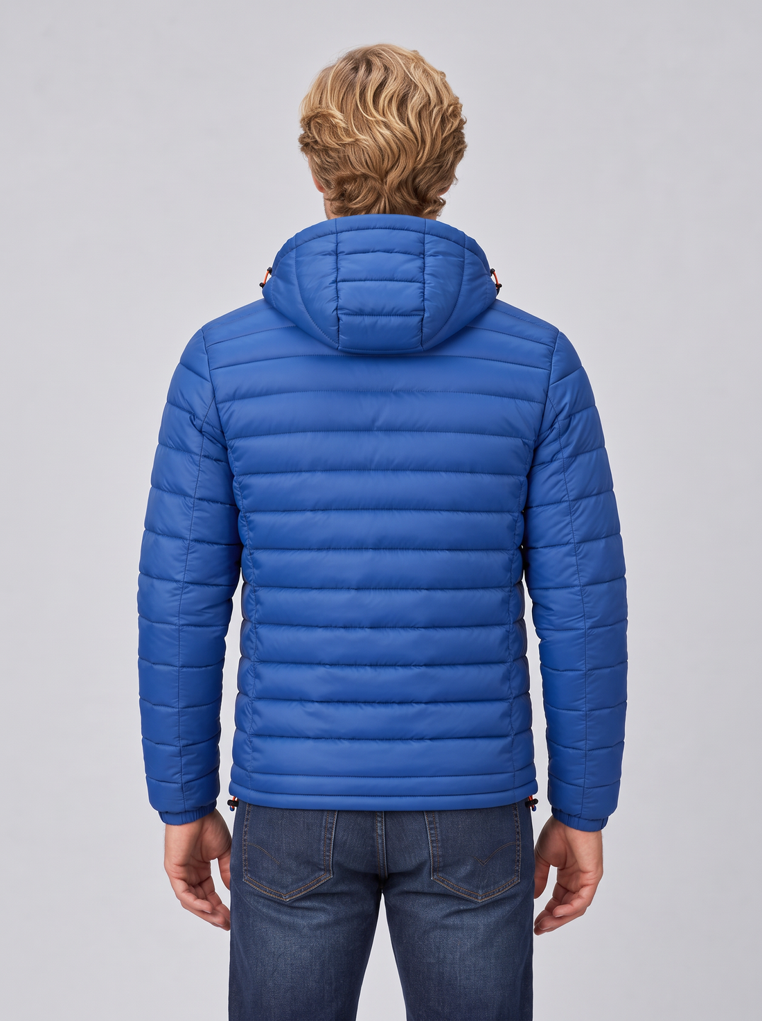 Men's blue lightweight quilted hooded puffer jacket, front view