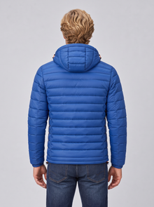 Men's blue quilted hooded puffer jacket, back view