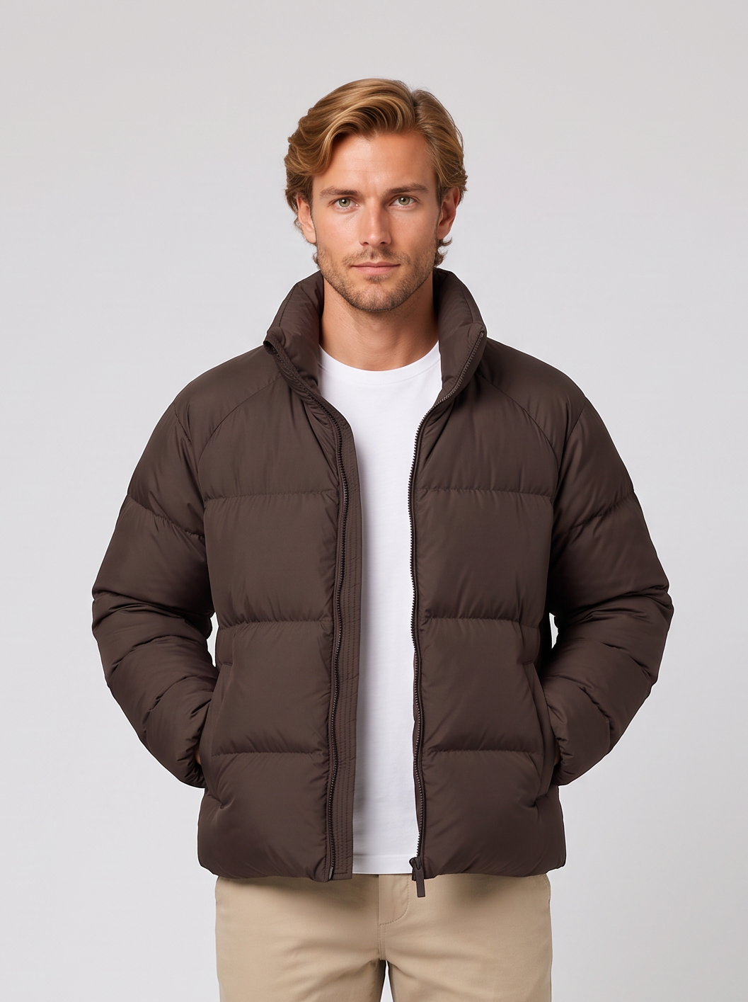 Unisex short brown puffer jacket with stand collar, front view