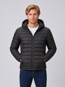 Men's black quilted hooded puffer jacket