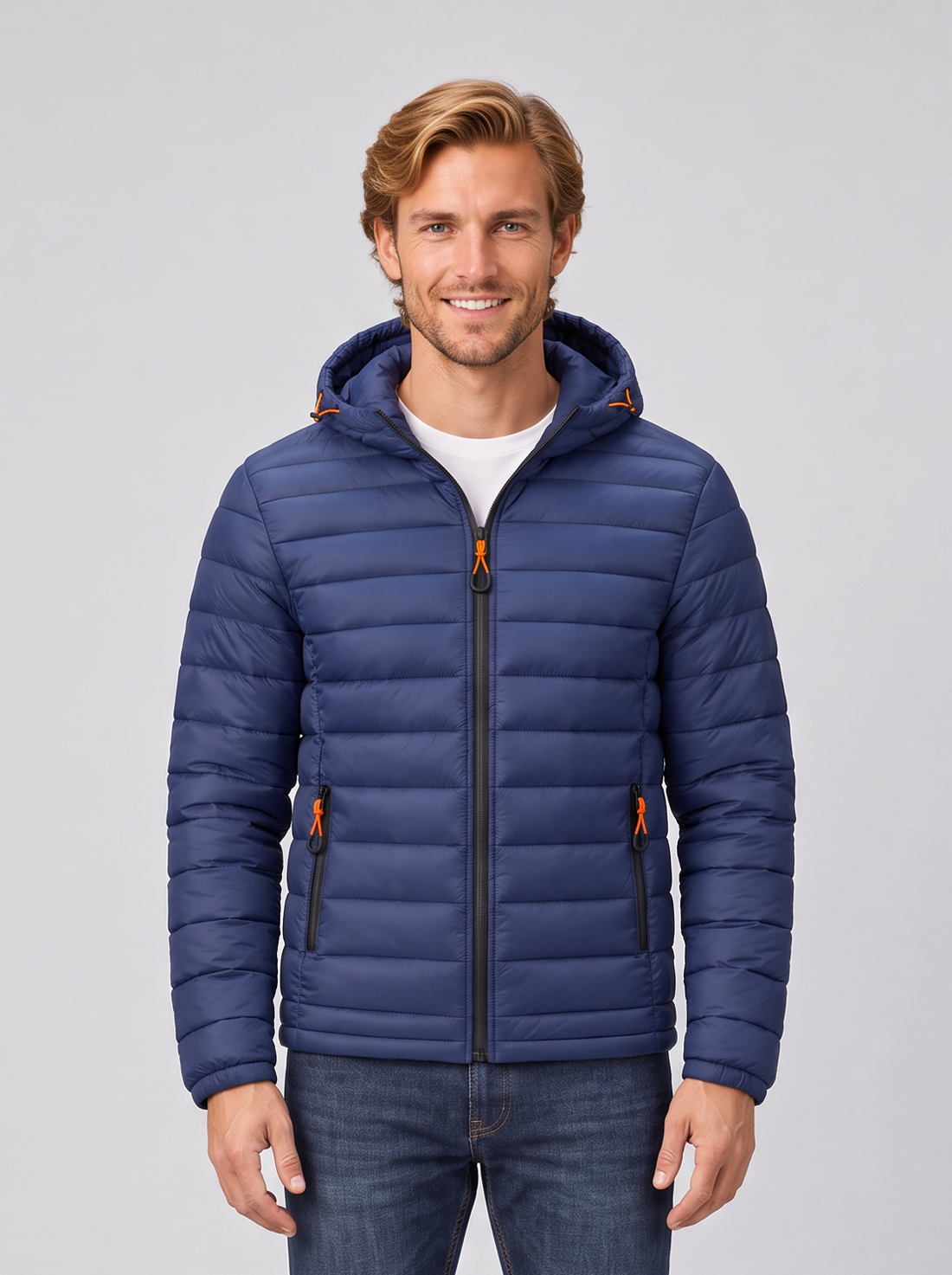 Men's navy quilted hooded puffer jacket