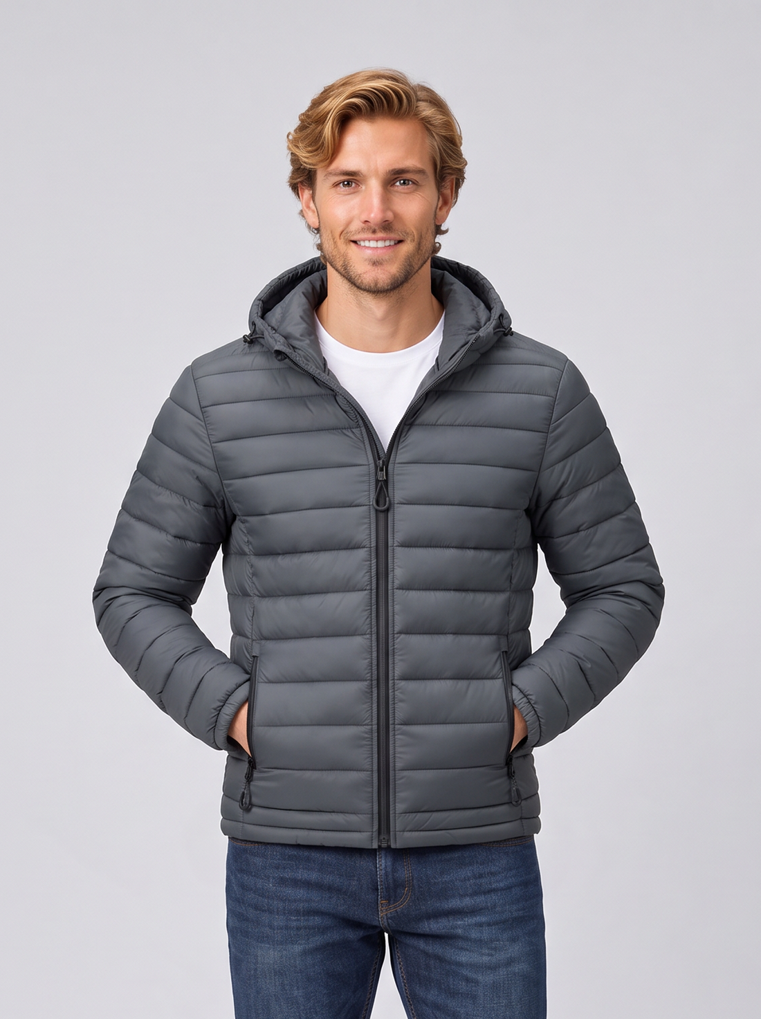 Men's grey quilted hooded puffer jacket