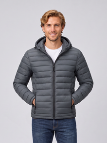 Men's grey quilted hooded puffer jacket