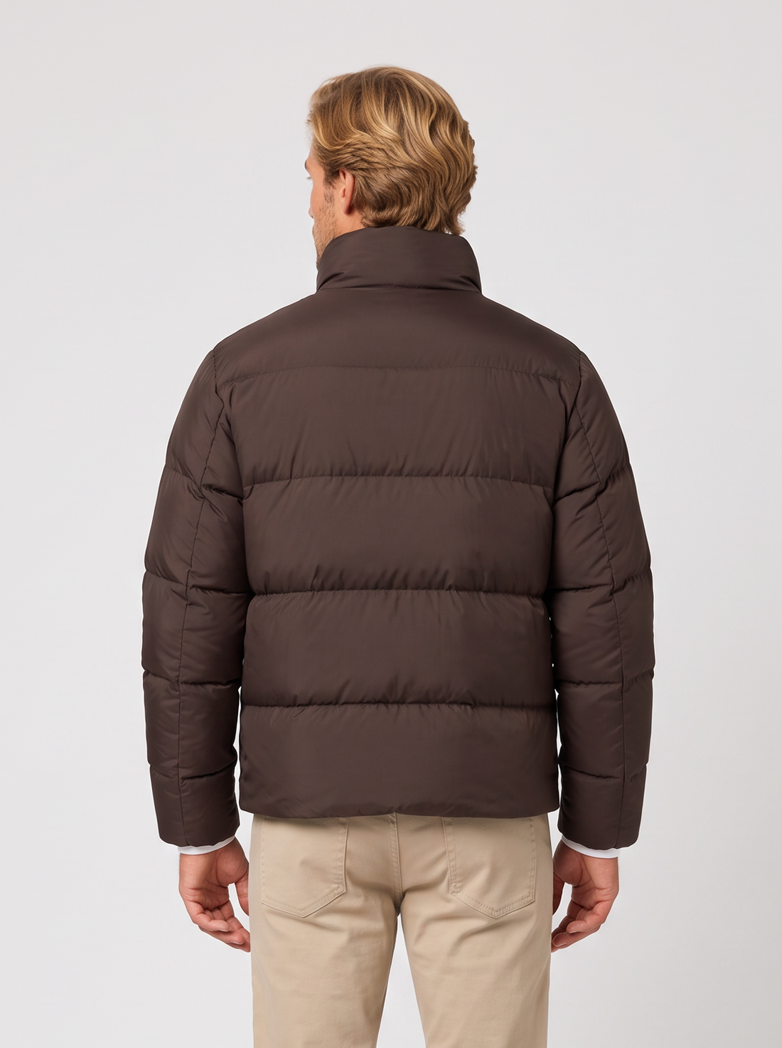 Unisex short brown puffer jacket with stand collar, front view