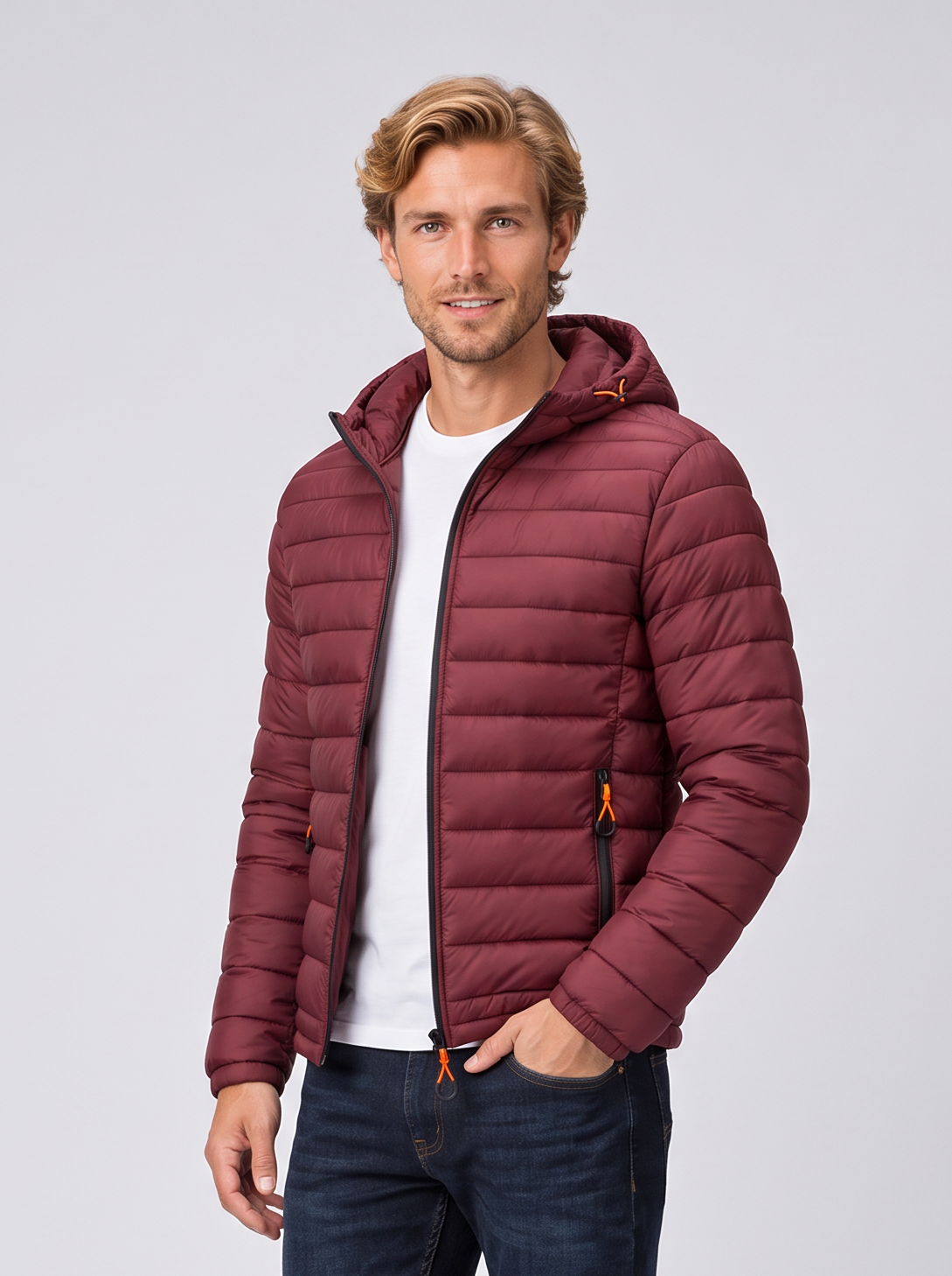 Men's dark red quilted hooded puffer jacket