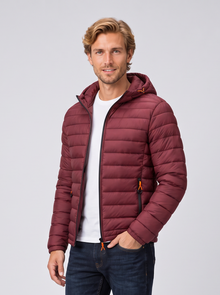 Men's dark red quilted hooded puffer jacket