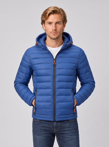 Men's blue lightweight quilted hooded puffer jacket, front view