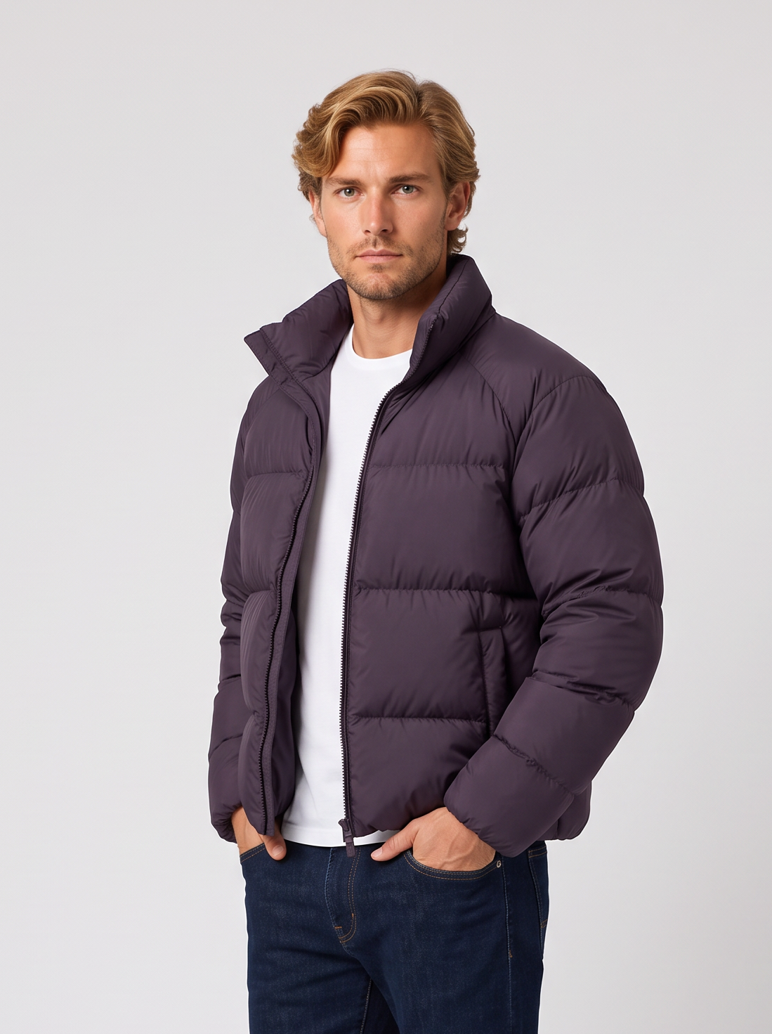 Unisex short purple puffer jacket with stand collar