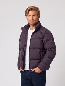 Unisex short purple puffer jacket with stand collar