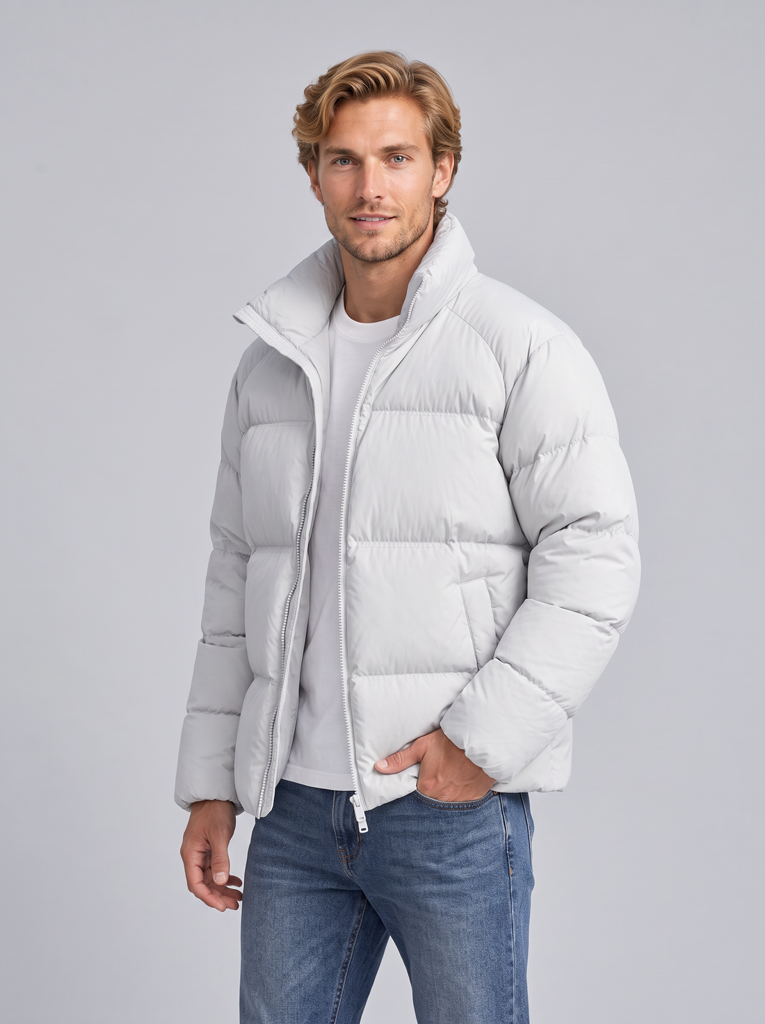 Unisex short grey puffer jacket with stand collar
