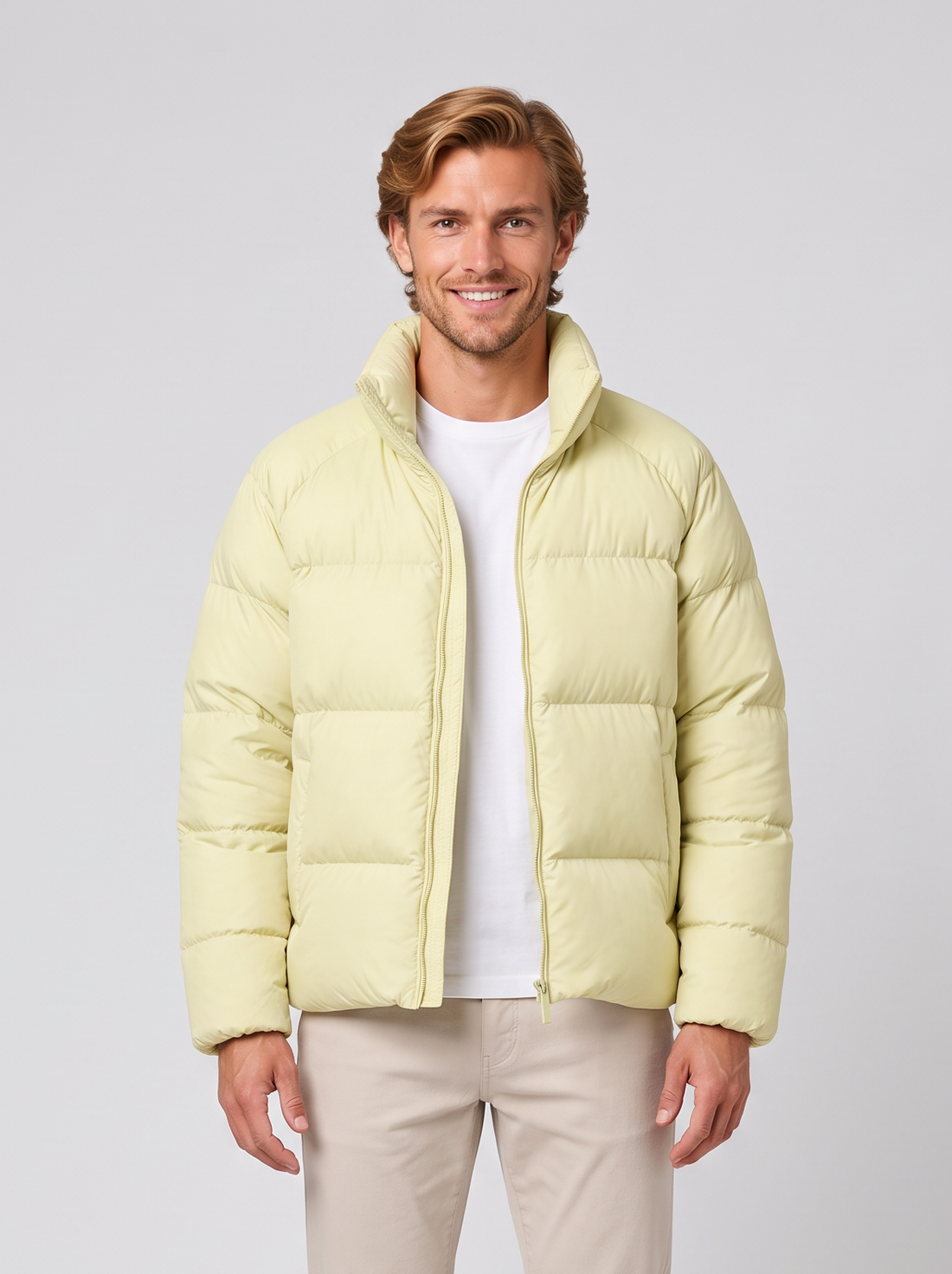 Unisex short yellow puffer jacket with stand collar