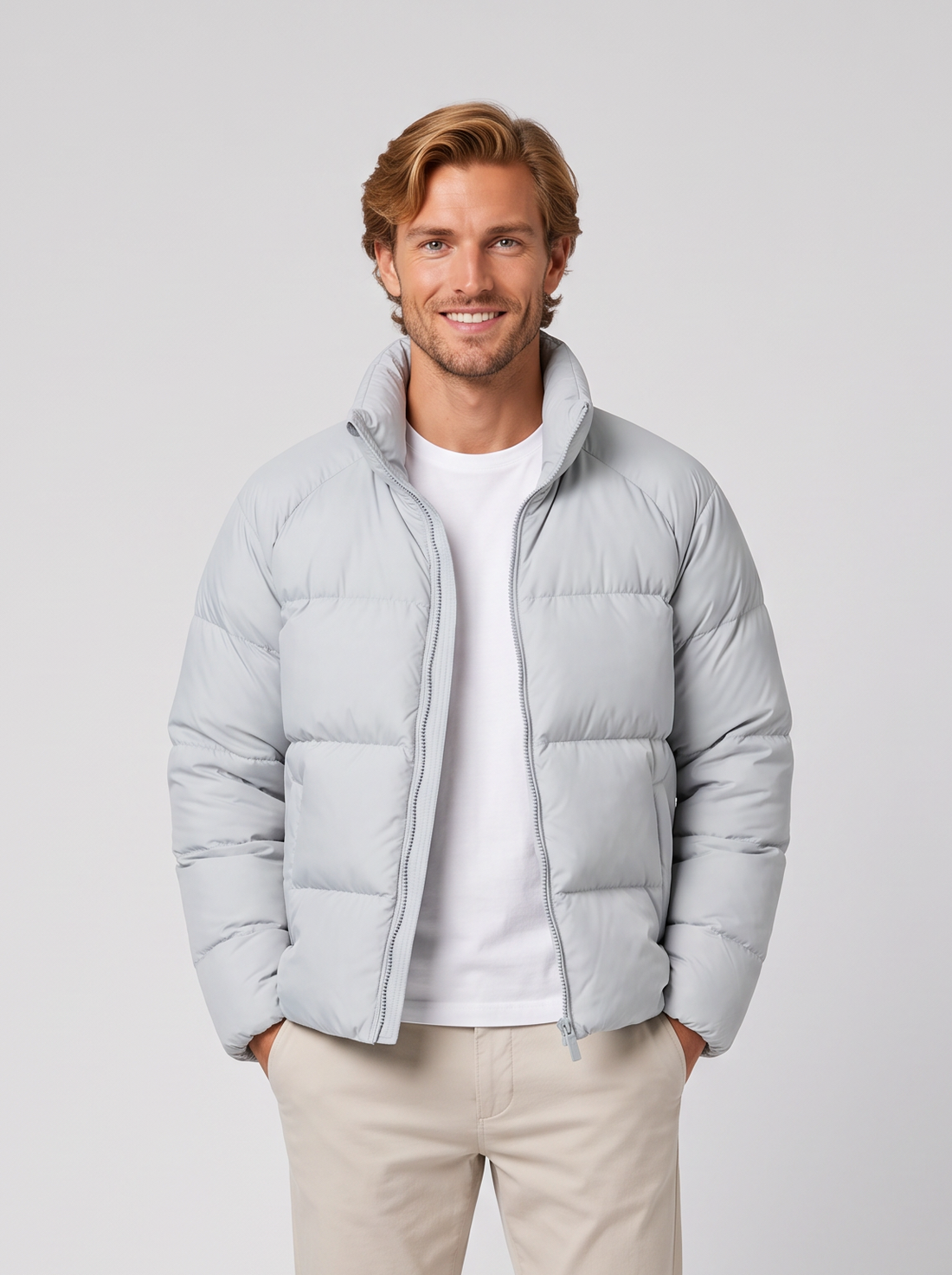 Unisex short blue-grey puffer jacket with stand collar