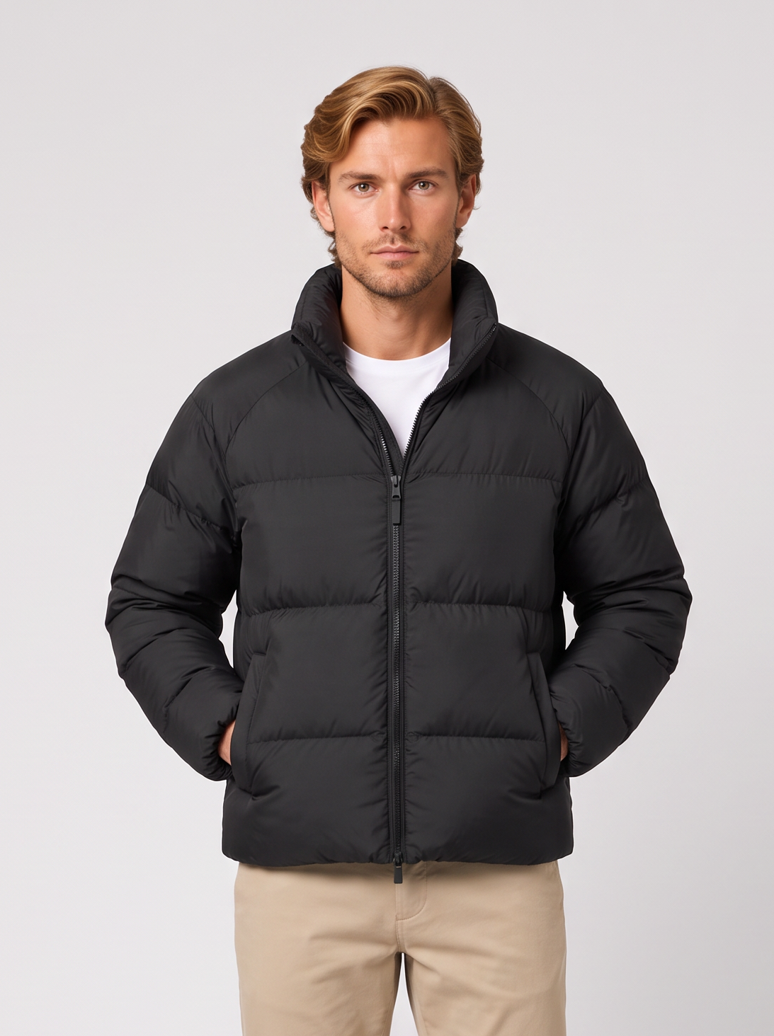 Unisex short black puffer jacket with stand collar