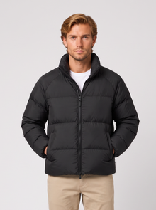 Unisex short black puffer jacket with stand collar