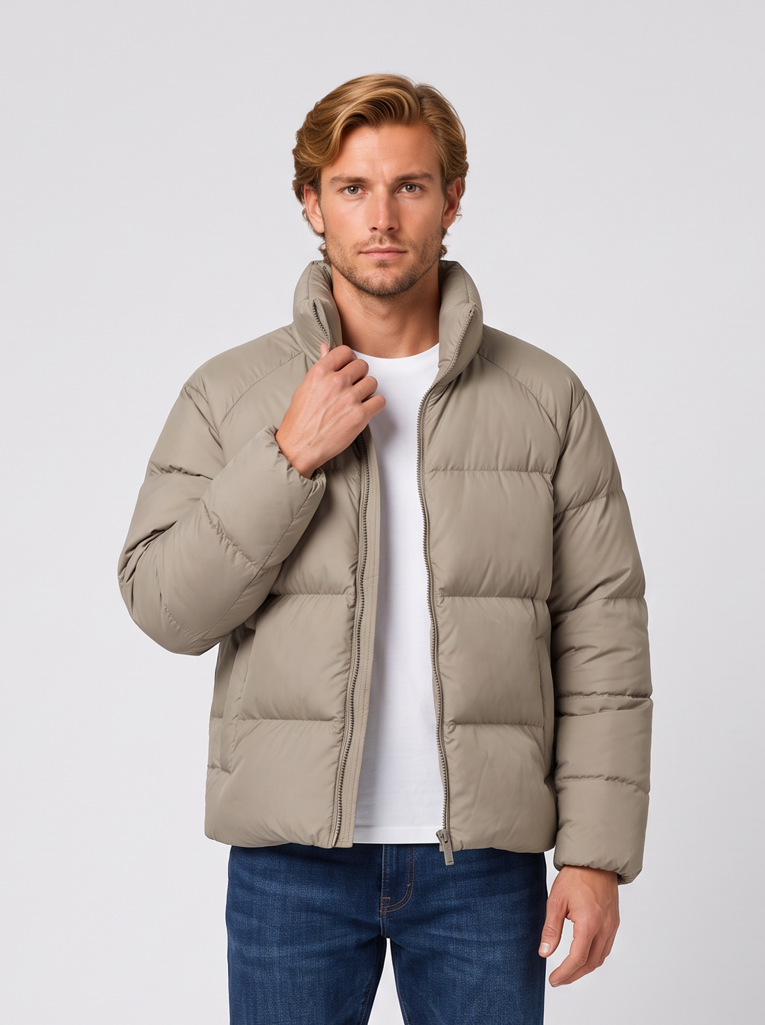 Unisex short khaki puffer jacket with stand collar