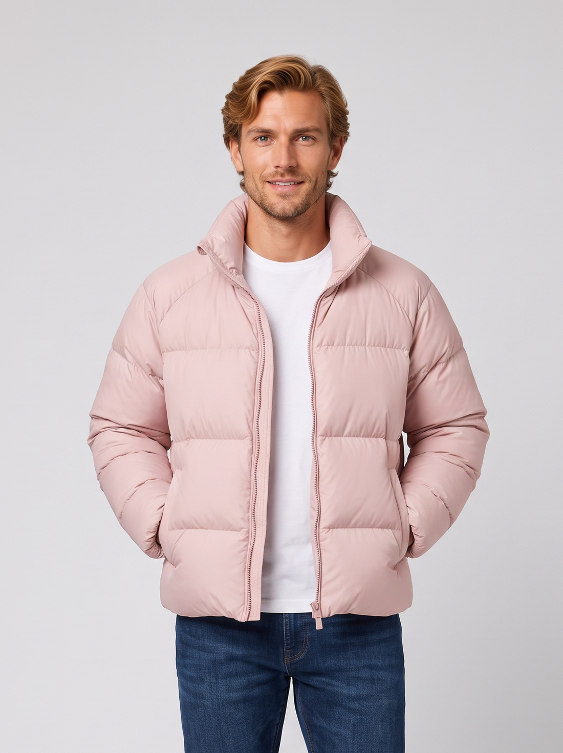 Unisex short pink puffer jacket with stand collar