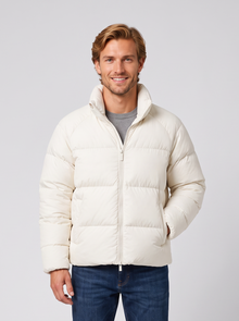 Unisex short white puffer jacket with stand collar