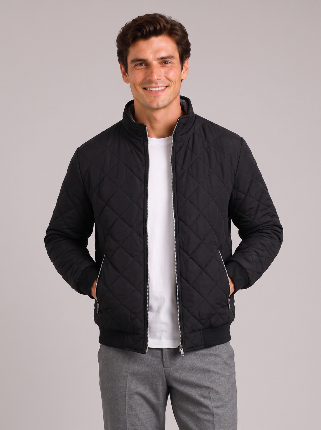 Men's black diamond-quilted zip jacket with stand collar, front view
