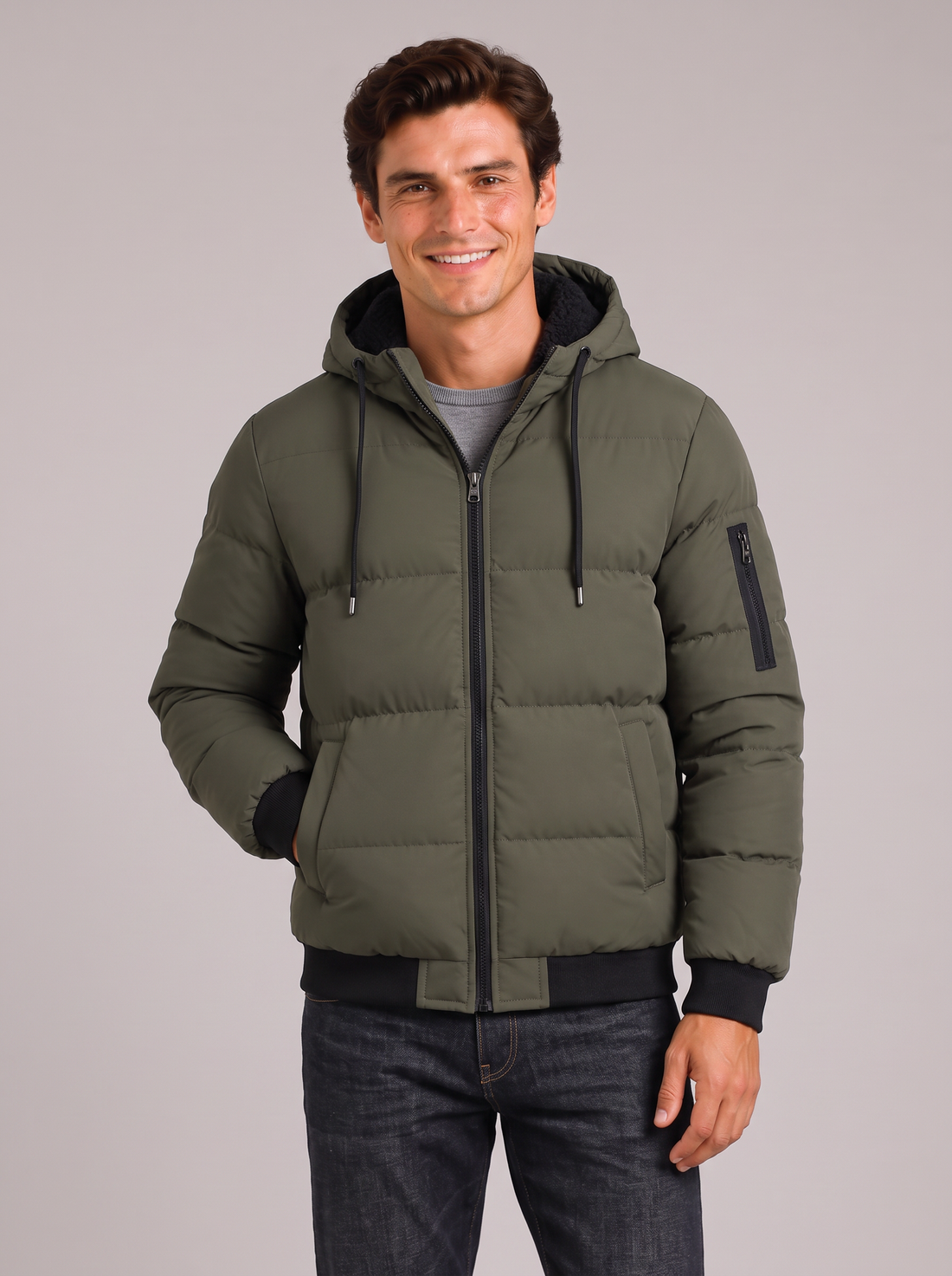 Men's green padded hooded puffer jacket, front view