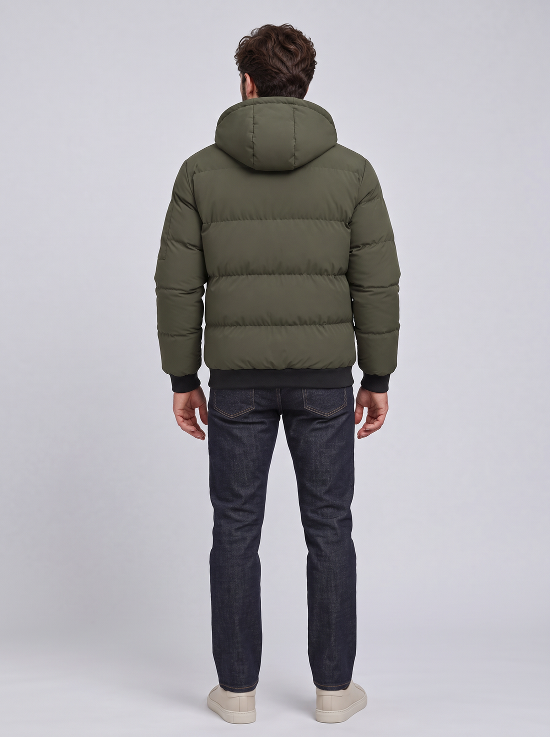 Men's green padded hooded puffer jacket, front view