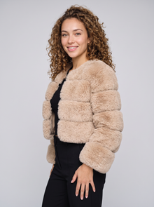 Women's short beige faux fur jacket, side view