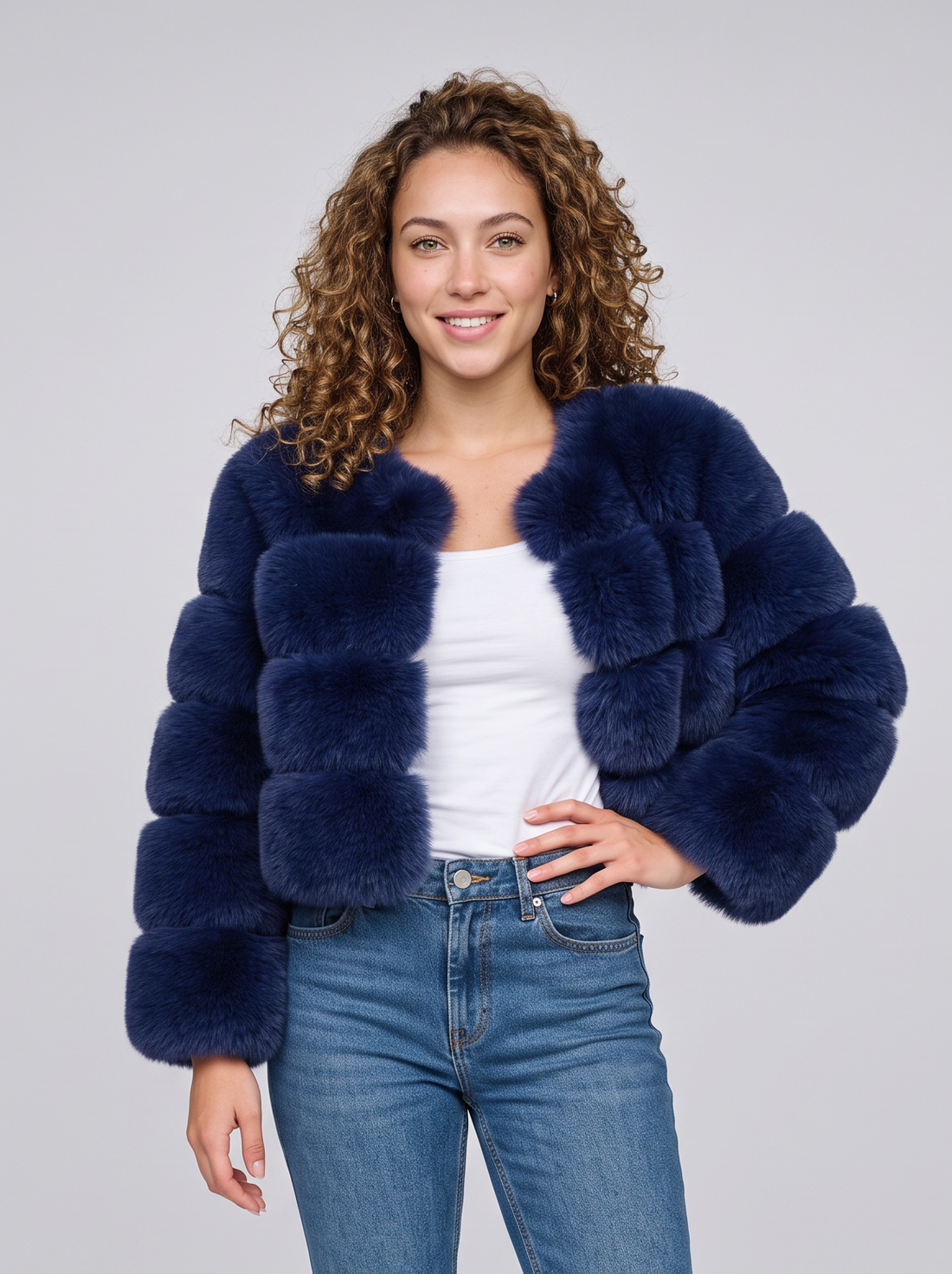 Women's short navy faux fur jacket with fluffy panels