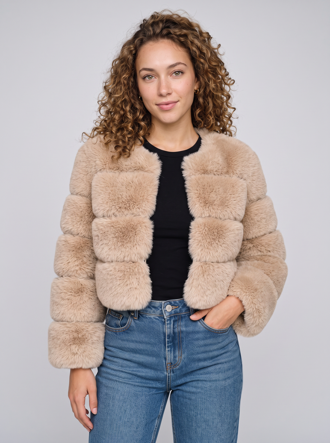 Women's short beige faux fur jacket with fluffy panels, front view
